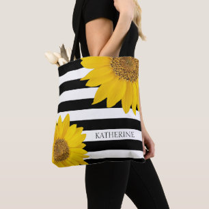 Bolsa Tote Girassóis em Black and White Stripes Personalizad