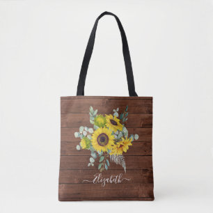 Bolsa Tote Girassóis Florais de Aquarela em Madeira Rústica