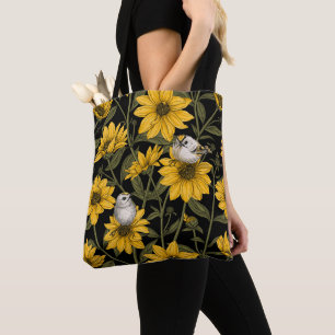 Bolsa Tote Girassóis selvagens e aves douradas/ amarelas