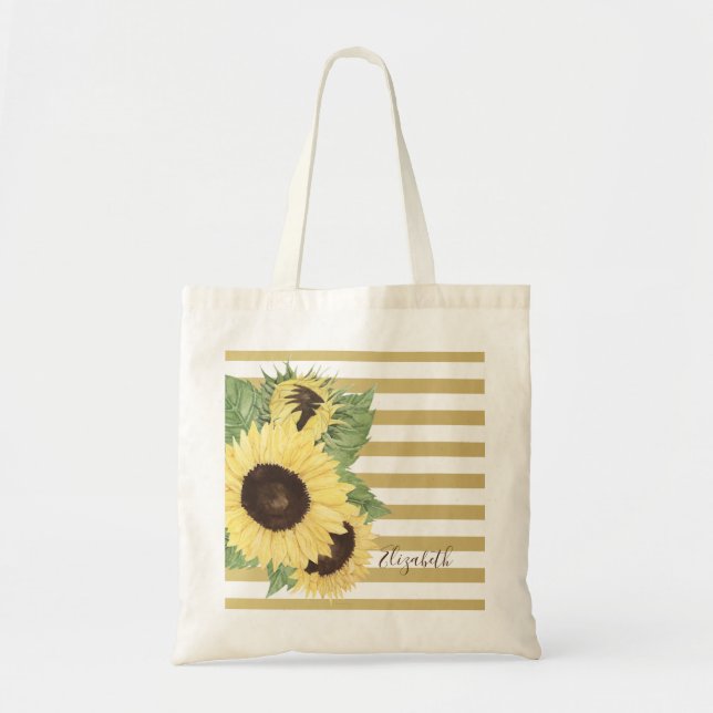 Bolsa Tote Girassóis Vintage em Listras (Frente)