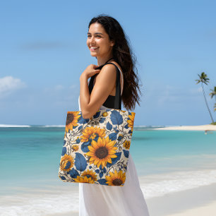 Bolsa Tote Girassóis Vintage Floral Azul Marinho