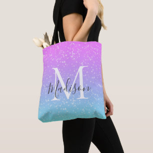 Bolsa Tote Girassol Blue Rainbow Star Glitter Nome Monograma