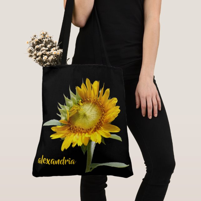 Bolsa Tote Girassol florescente a preto, personalizado (Close Up)