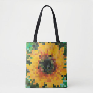 Bolsa Tote Girassol pixelado com amarelo e verde vibrantes