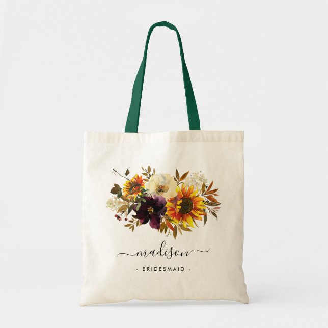 Bolsa Tote Girassol Rústico Floral Aquarela Nome Damas de Hon (Frente)
