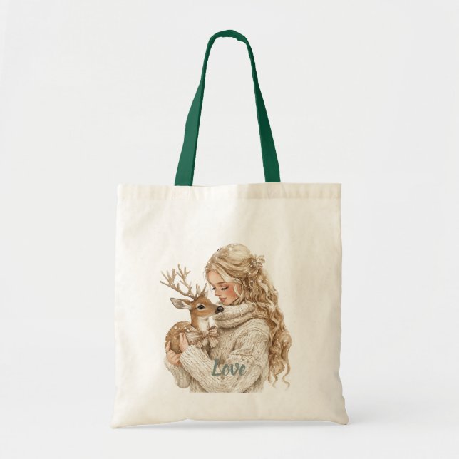 Bolsa Tote Girl with Deer Christmas (Frente)