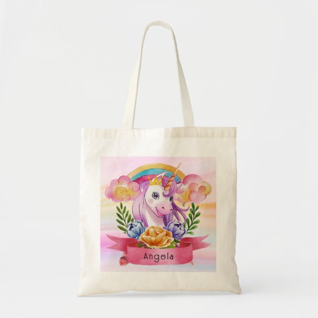 Bolsa Tote Girls Cute Purple Unicorn Rainbow Nome Personaliza (Frente)