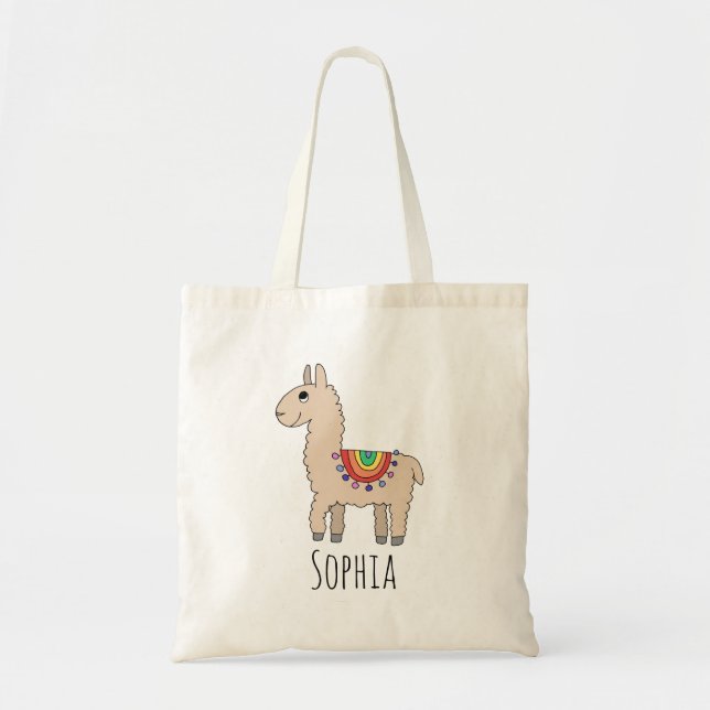 Bolsa Tote Girls Cute Rainbow Llama Cartoon and Name Kids (Frente)