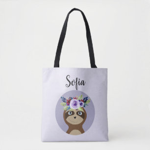 Bolsa Tote Girls Cute Sloth Watercolor Flowers & Name