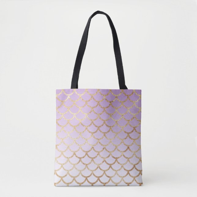 Bolsa Tote Girls Lilac Roxo, Glitter Dourado, Sereia (Frente)
