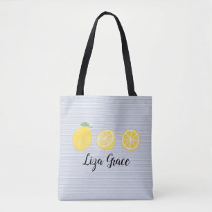 Bolsa Tote Girls Watercolor Lemon Trio Blue Pinstripe
