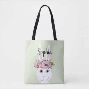 Bolsa Tote Girls Whimsical Flowers Watercolor Rabbit and Name