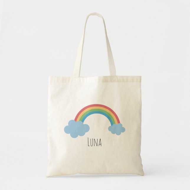 Bolsa Tote Girls Whimsical Trendy Rainbow Kids Cartoon Name (Frente)