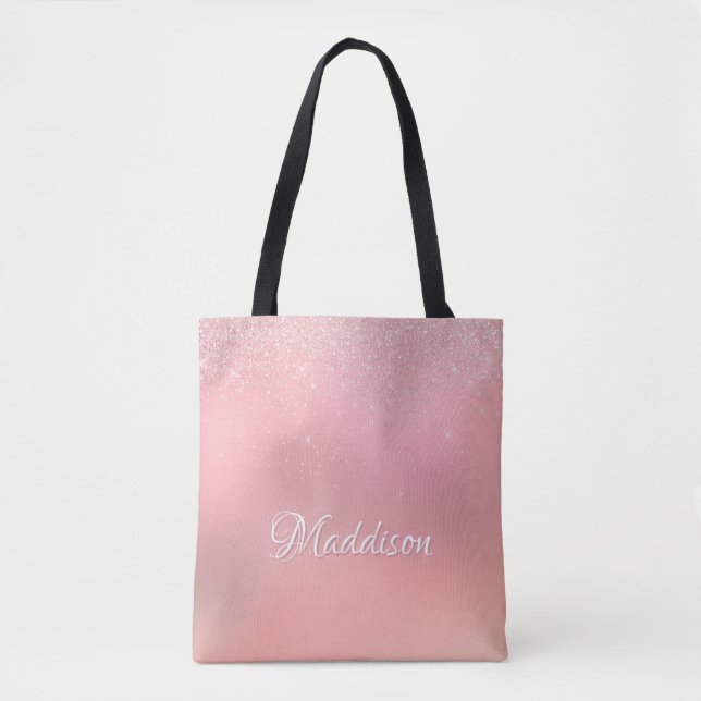 Bolsa Tote Girly Blush Pink Silver Glitter Nome Personalizado (Frente)