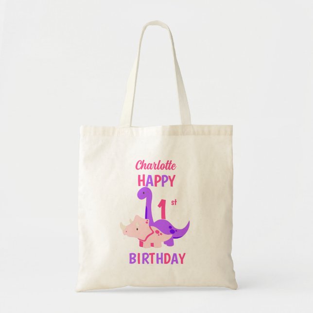 Bolsa Tote Girly Dinosaur primeiro aniversario Pink (Frente)