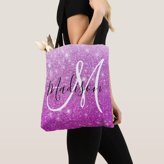 Bolsa Tote Girly & Glam Purple Glitter Sparkles Nome do Monog (Close Up)