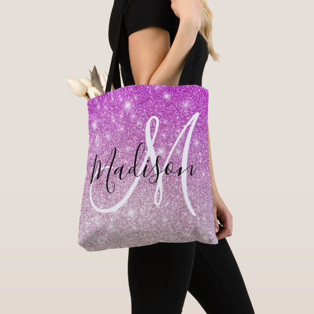 Bolsa Tote Girly & Glam Purple Glitter Sparkles Nome do Monog (Close Up)