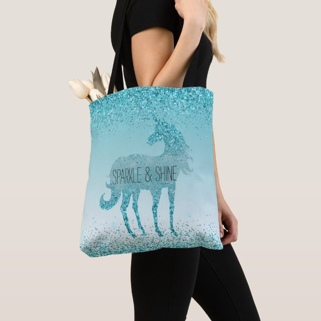 Bolsa Tote Girly Glitz Aqua Turquoise Glitter Unicorn (Close Up)