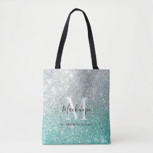 Bolsa Tote Girly Green Silver Ombre Glitter Nome do Monograma