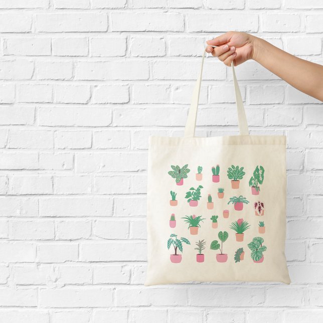 Bolsa Tote Girly Houseplant Pink and Green Illustration (Criador carregado)