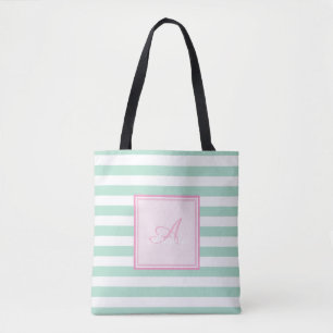 Bolsa Tote Girly Mint Green Striped, Monograma Personalizado