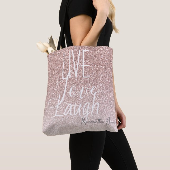 Bolsa Tote Girly Pink Glitter Live Love Laugh Motivational (Close Up)