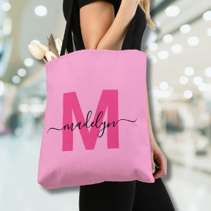 Bolsa Tote Girly Pink Trendy Modern Script Name Monograma