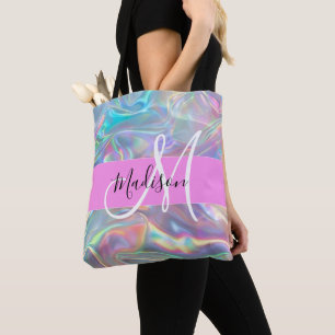 Bolsa Tote Girly Rainbow Holographic Nome do Monograma Irides