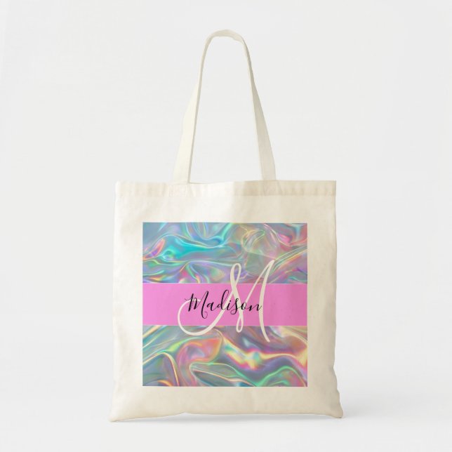 Bolsa Tote Girly Rainbow Holographic Nome do Monograma Irides (Frente)