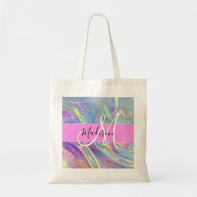 Bolsa Tote Girly Rainbow Holographic Nome do Monograma Irides (Frente)