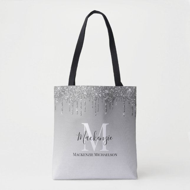 Bolsa Tote Girly Silver Cinza Glitter Nome do Monograma (Frente)