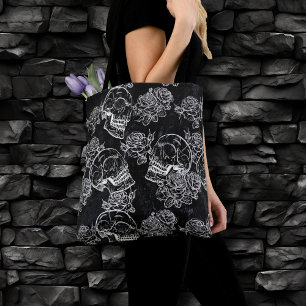 Bolsa Tote Giz Rosa do crânio   Funky Black Gótica White Gr