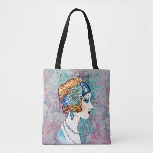 Bolsa Tote Glam Art Deco Flapper Girl Teal Rosa Nome (Frente)