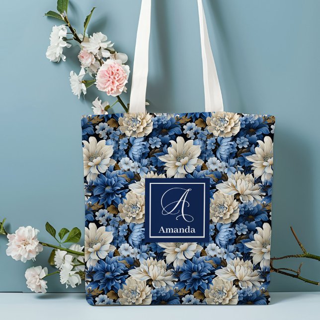 Bolsa Tote Glam Azul Marfim Flores Nome Personaliz (Glam Blue Ivory Flowers Custom Name Tote Bag)