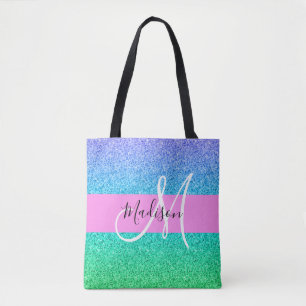 Bolsa Tote Glam Azul Verde Brilho Faísca Gradiente Monograma