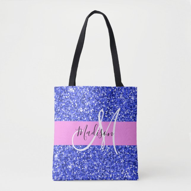 Bolsa Tote Glam Dark Blue Glitter Sparkles Nome Monograma (Frente)