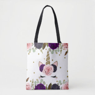 Bolsa Tote Glam Floral Escuro Brilho Dourado Unicórnio Modern