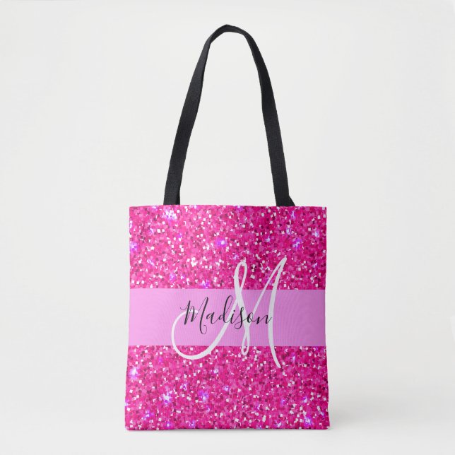 Bolsa Tote Glam Girly Hot Pink Glitter Sparkles Nome Monogram (Frente)