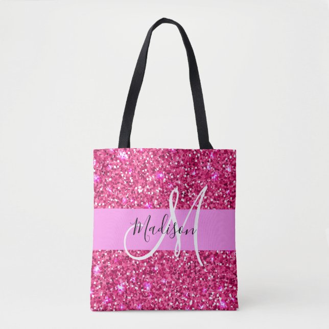 Bolsa Tote Glam Girly Hot Pink Glitter Sparkles Nome Monogram (Frente)