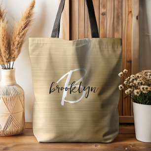 Bolsa Tote Glam Gold Metal Polido Preto Branco Monograma 
