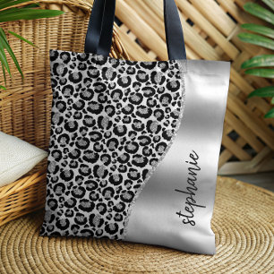 Bolsa Tote Glam Leopardo Manchas Black Silver Nome Metálico