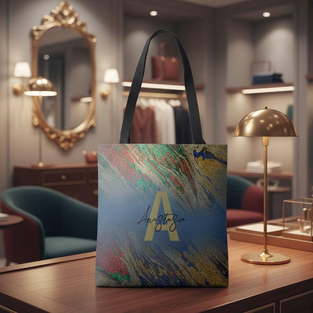 Bolsa Tote Glam Luxo Dourado Brilho Abstrato Mármore Monogram (Criador carregado)