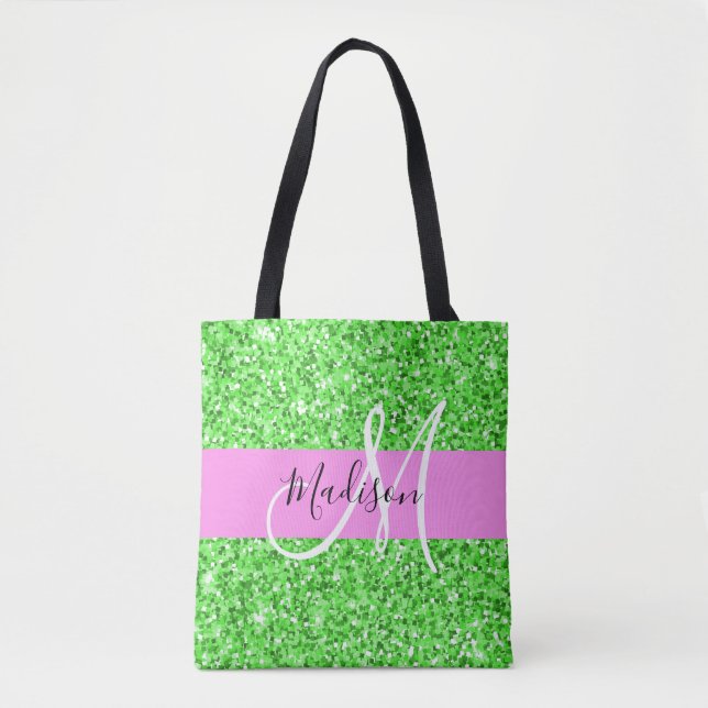 Bolsa Tote Glam Pink and Green Glitter Sparkles Nome do Monog (Frente)