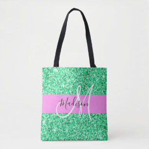 Bolsa Tote Glam Pink and Green Glitter Sparkles Nome do Monog