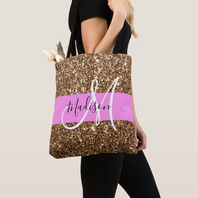 Bolsa Tote Glam Pink & Bronze Gliters Espalha Monograma Nome (Close Up)