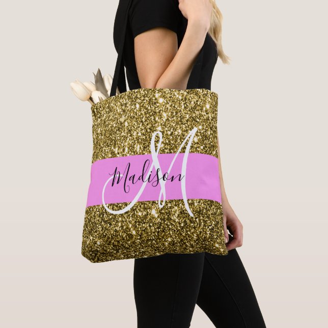 Bolsa Tote Glam Pink e Glitter Dourado Sparkles Nome do Monog (Close Up)