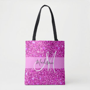 Bolsa Tote Glam Pink & Magenta Glitter Sparkle Nome do Monogr