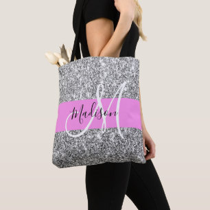 Bolsa Tote Glam Pink & Silver Glitter Sparkles Nome do Monogr