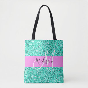 Bolsa Tote Glam Pink Turquoise Glitter Sparkles Nome do Monog