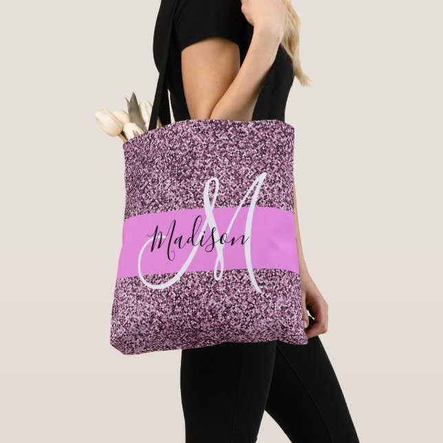 Bolsa Tote Glam Pink & Violet Glitter Sparkles Nome do Monogr (Close Up)